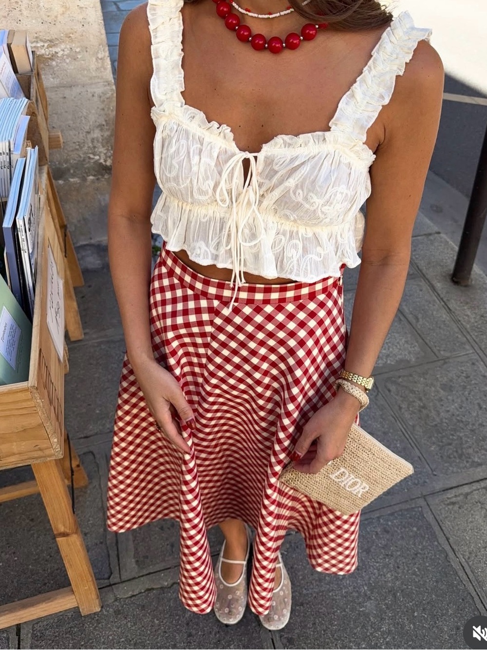 ZARA COLLECTION PLAID CAPE SKIRT
ECRU / RED